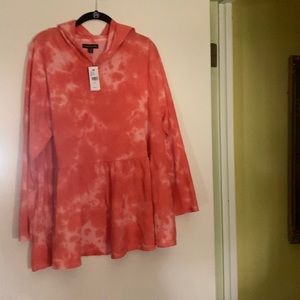 LANE BRYANT NWT Shirt Salmon/White tiered waffle knit with hoodie